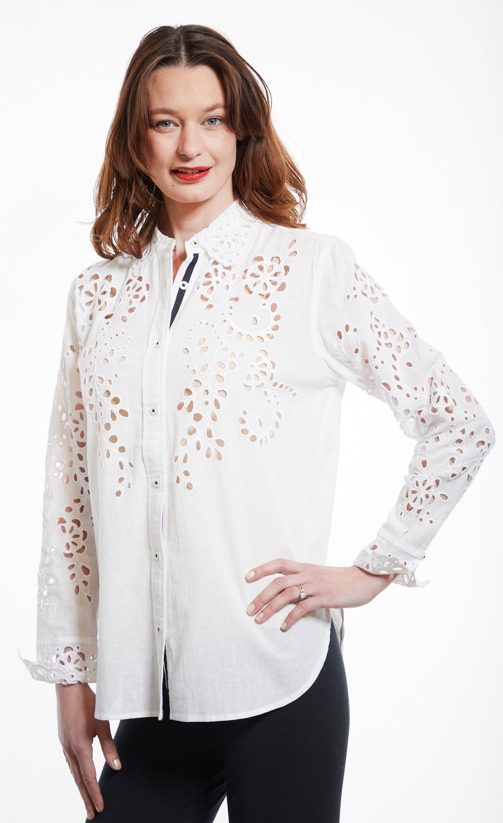 Dizzy-Lizzie White Eyelet Shirt With a Ribbon Trim