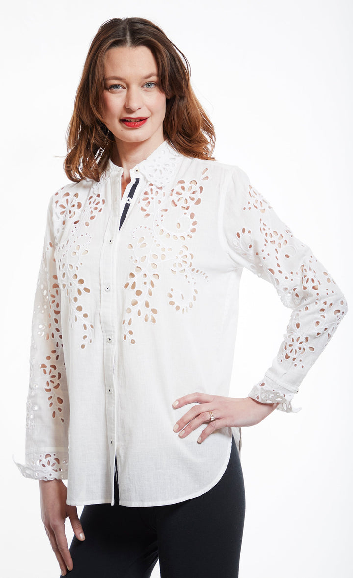 Dizzy-Lizzie White Eyelet Shirt With a Ribbon Trim