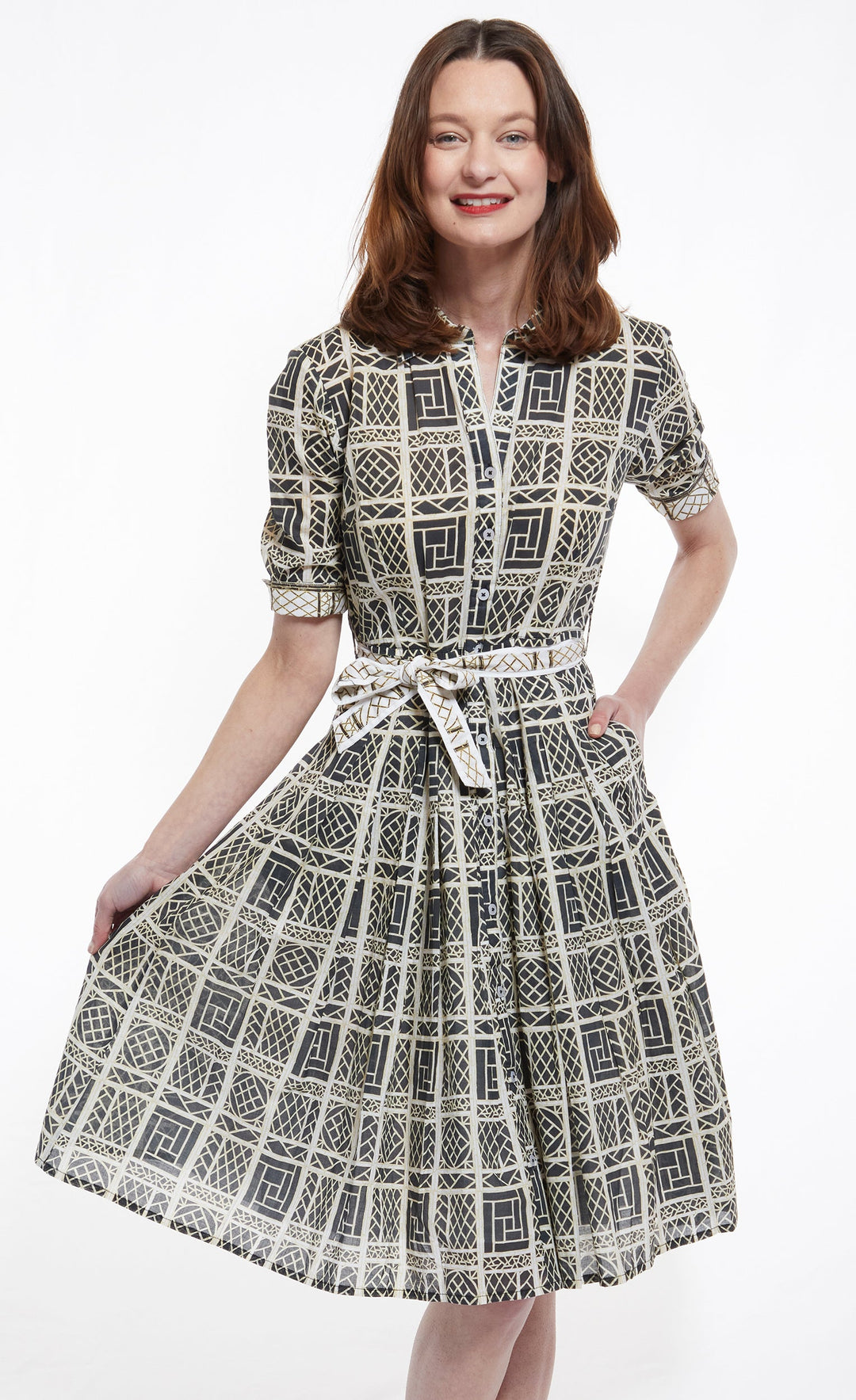 Dizzy-Lizzie Mrs Maisel Dress - Black and Beige Wicker Print available at Barbara Katz