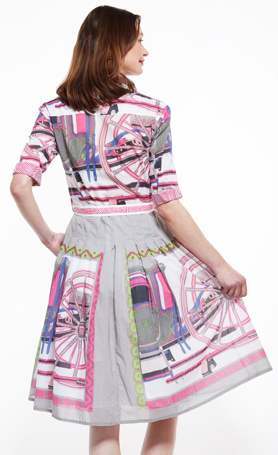 Dizzy-Lizzie Mrs Maisel Dress - Wheel Print in Grey And Pink available at Barbara Katz