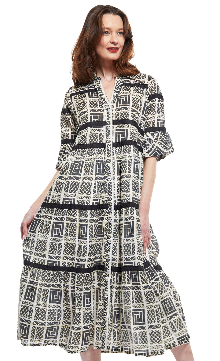 Dizzy-Lizzie Miami Style Dress in Black and White Wicker print With Black Ribbon Trim available at Barbara Katz