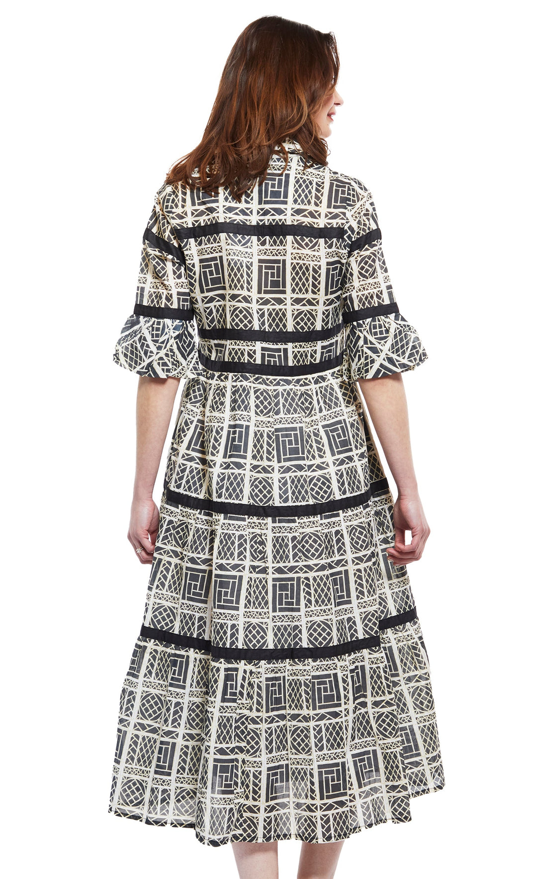 Dizzy-Lizzie Miami Dress in Black and White Wicker print With Black Ribbon Trim available at Barbara Katz