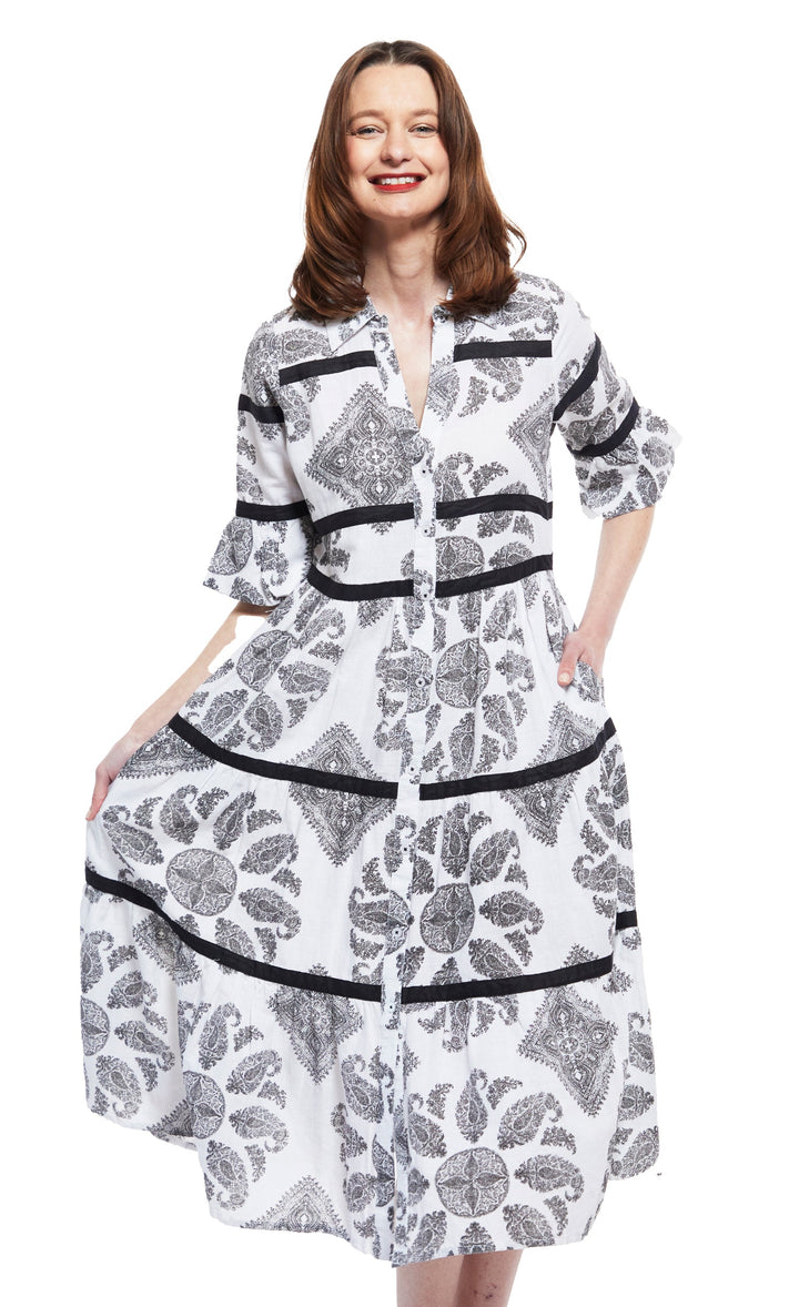 Miami Style Midi with Flounce And Black Ribbons Black White Paisley