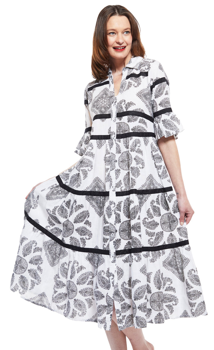 Dizzy-Lizzie Miami Style Dress in Black and White Paisley print With Black Ribbon Trim available at Barbara Katz