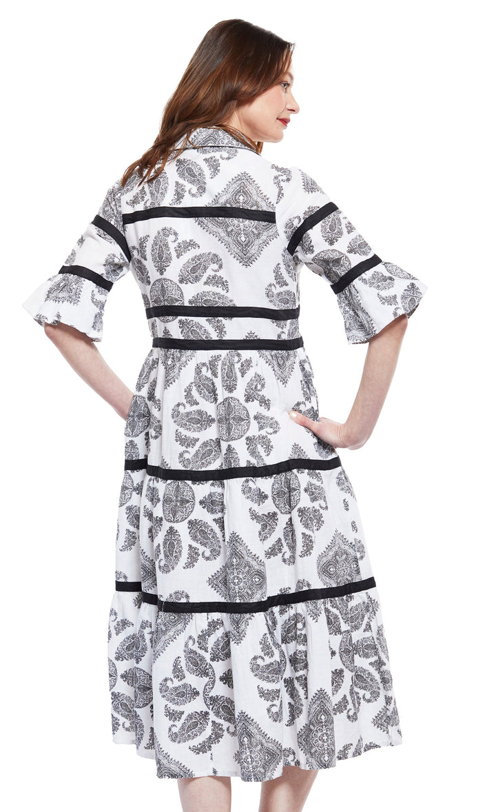 Dizzy-Lizzie Miami Dress in Black and White Paisley print With Black Ribbon Trim available at Barbara Katz