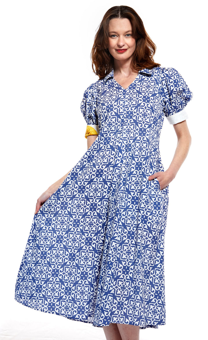 Dizzy-Lizzie Montauk Dress - Blue With White Geometric Pattern available at Barbara Katz