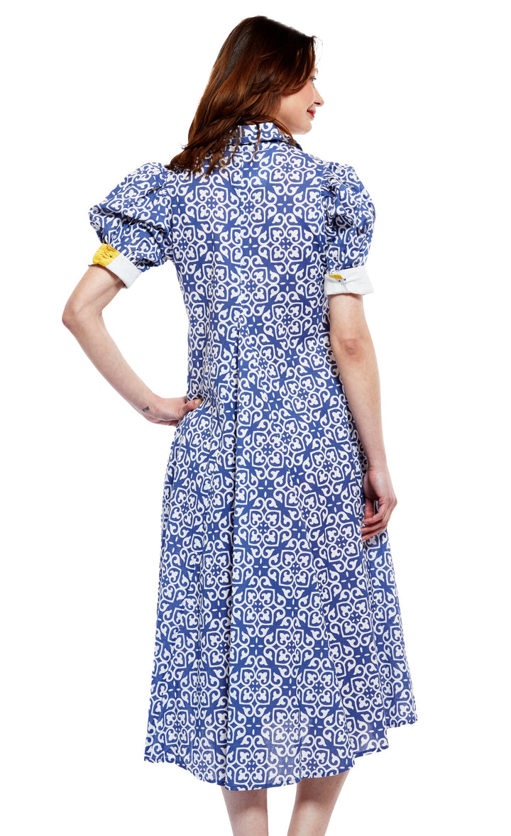 Dizzy-Lizzie Montauk Dress - Blue With White Geometric Pattern available at Barbara Katz