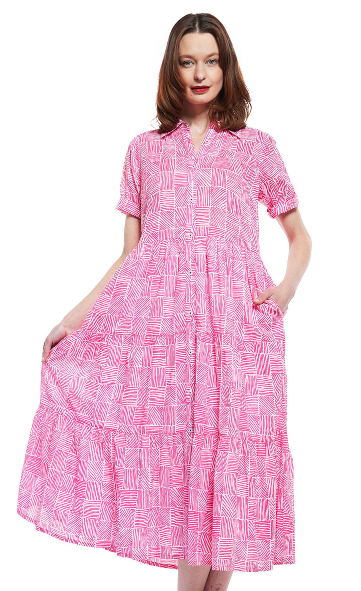 Palm Desert Long Dress - Fuschia And White Criss Cross Pattern