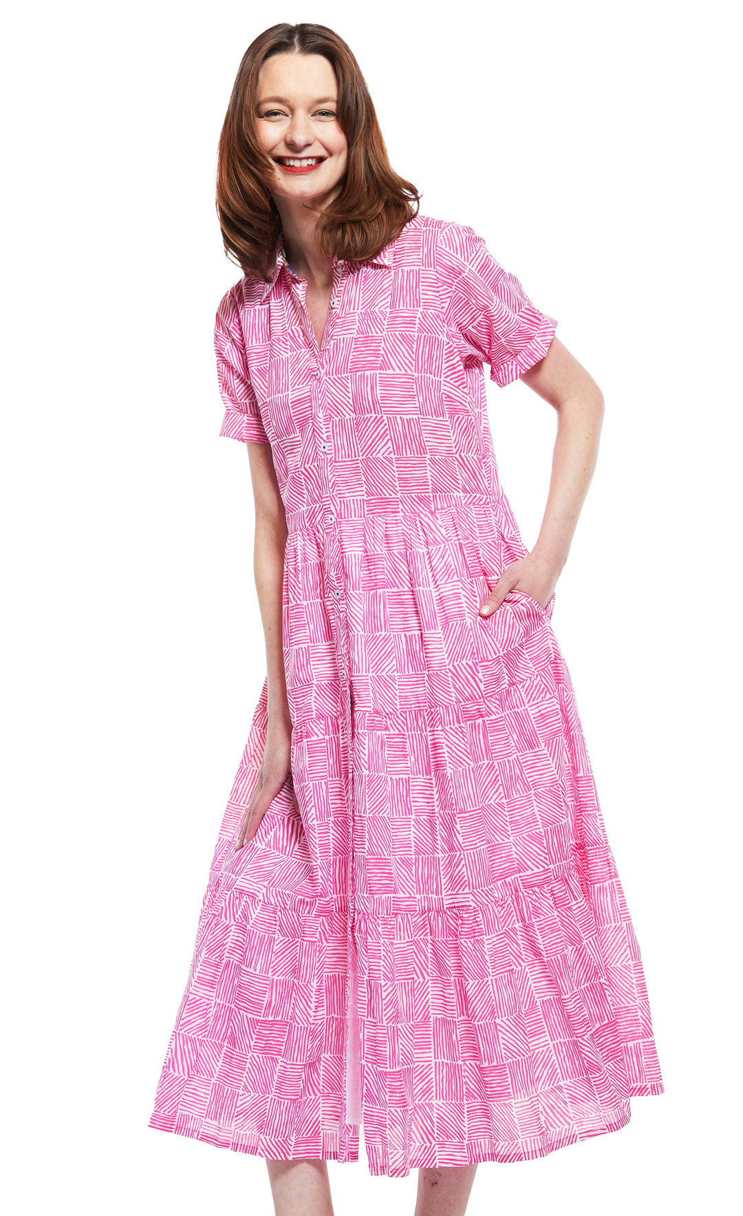 Palm Desert Long Dress - Fuschia And White Criss Cross Pattern