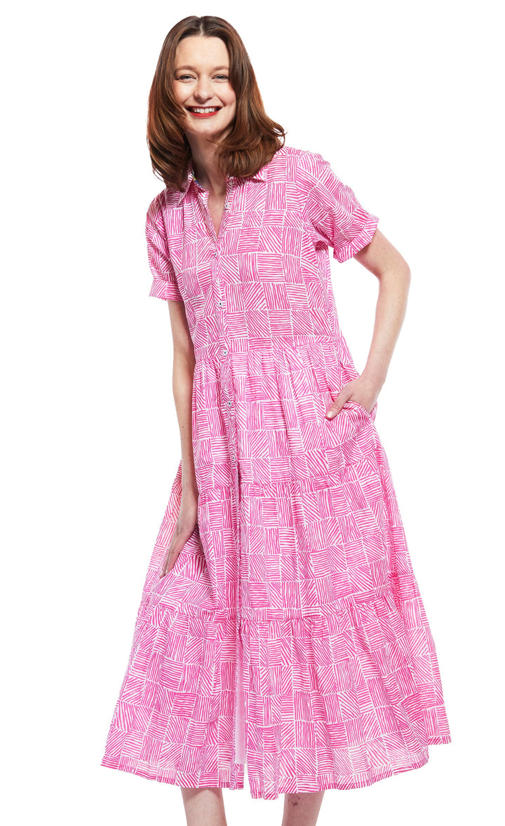 Palm Desert Long Dress - Fuschia And White Criss Cross Pattern