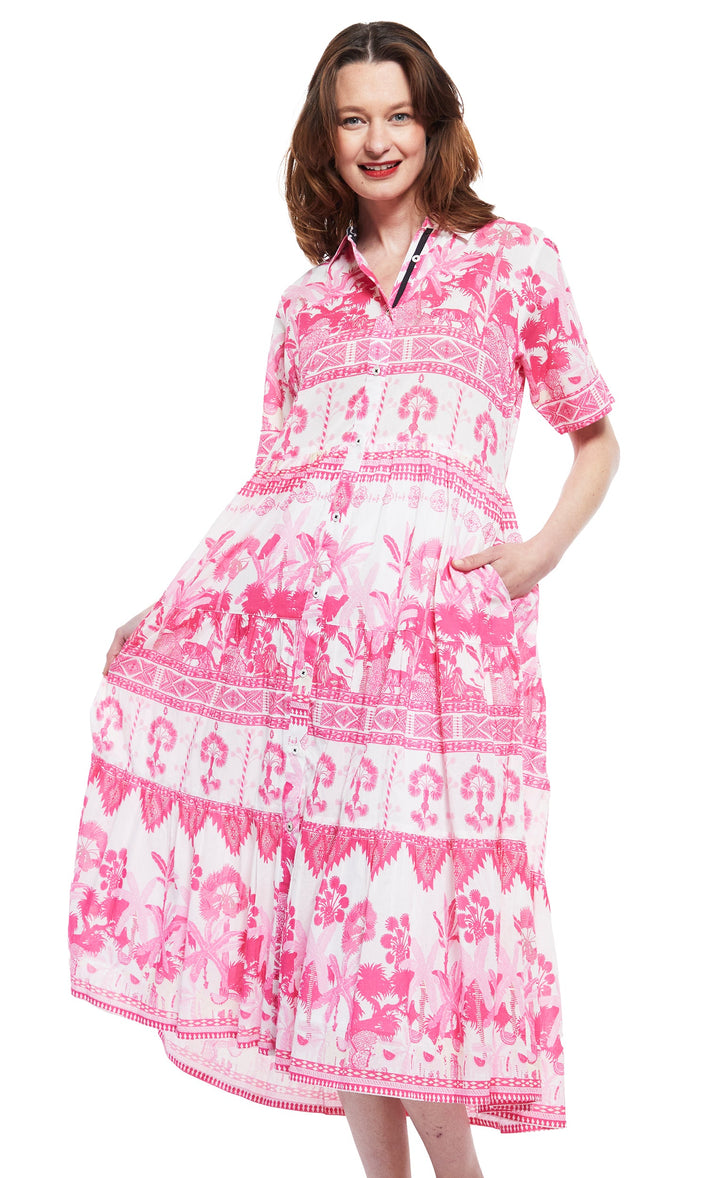 Palm Desert Long Dress - Pink with Ikat Print