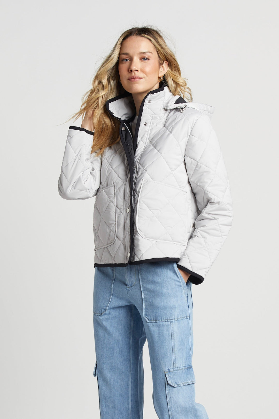 Adroit Atelier Shelby Short Quilted Hooded Jacket in Cloud available at Barbara Katz