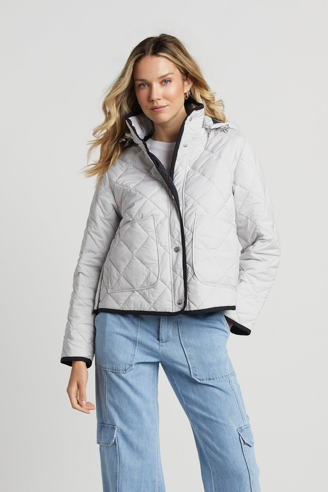 Adroit Atelier Shelby Short Quilted Hooded Jacket in Cloud available at Barbara Katz