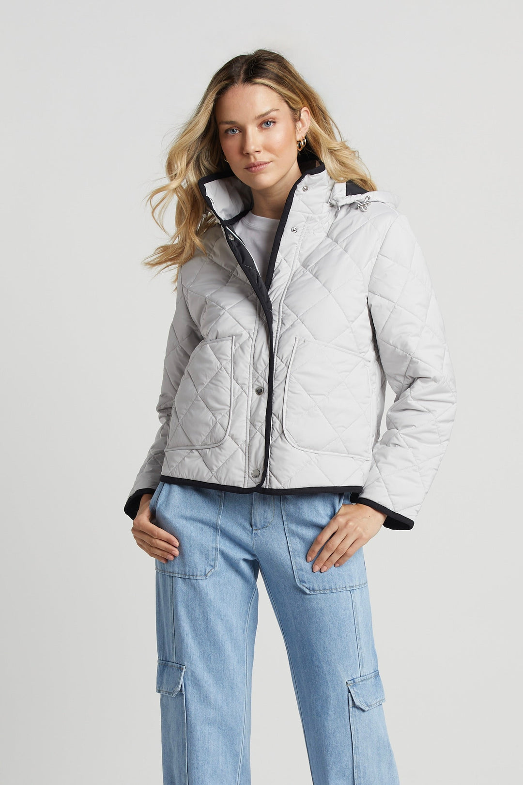 Adroit Atelier Shelby Short Quilted Hooded Jacket in Cloud available at Barbara Katz