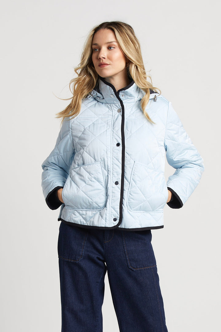 Adroit Atelier Shelby Short Quilted Hooded Jacket in Ice Blue available at Barbara Katz