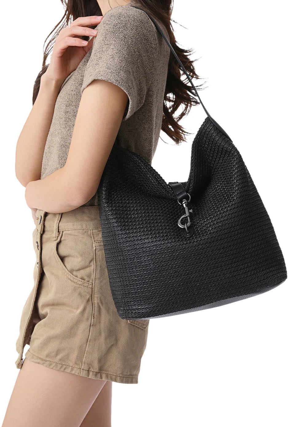 BK Sandy Raffia Shoulder Bag in Black available at Barbara Katz