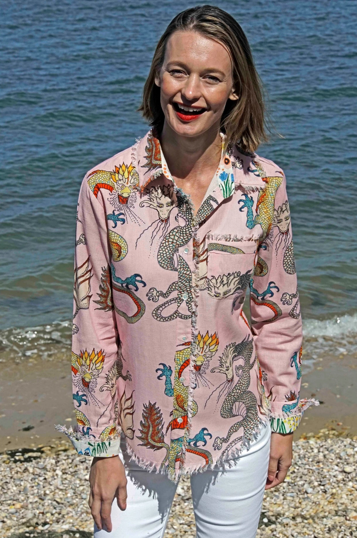 Dizzy-Lizzie Cape Cod Frayed Shirt - Pink Ground Dragons available at Barbara Katz