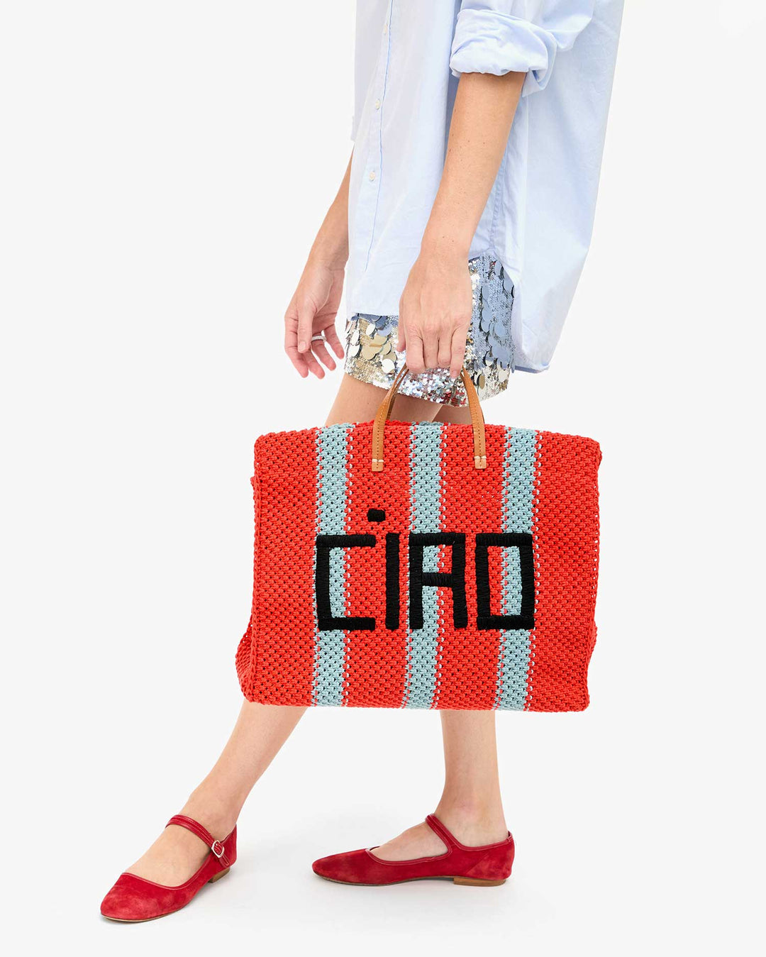 Clare V Summer Simple Tote Bag Poppy/Blue Crochet Stripes With Ciao available at Barbara Katz