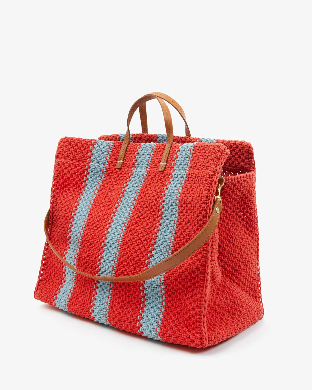 Clare V Summer Simple Tote in Bright Poppy Red/Blue Crochet Stripe With Ciao available at Barbara Katz