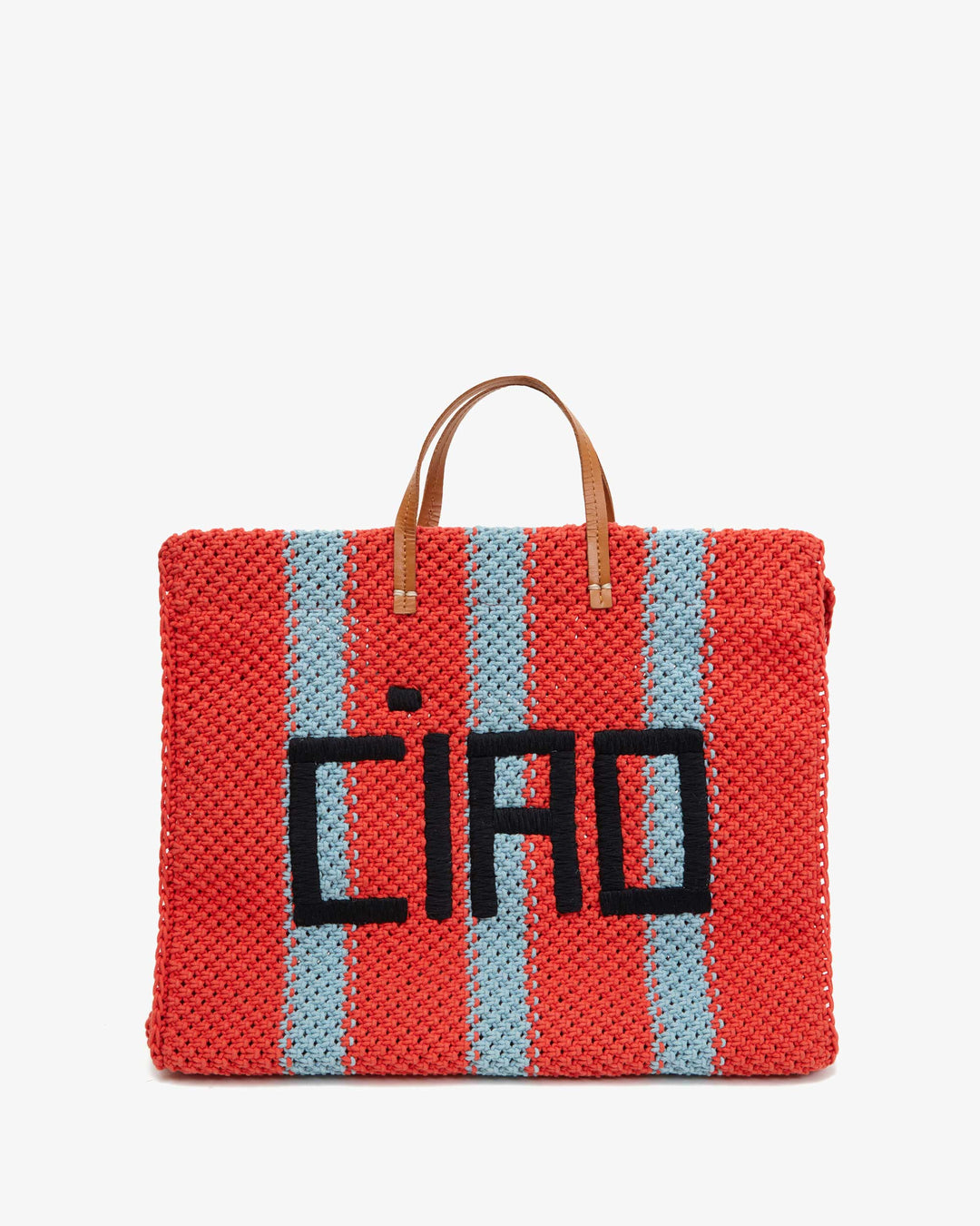 Clare V Summer Simple Tote in Bright Pop Sunfaded Blue Crochet Stripe With Ciao available at Barbara Katz