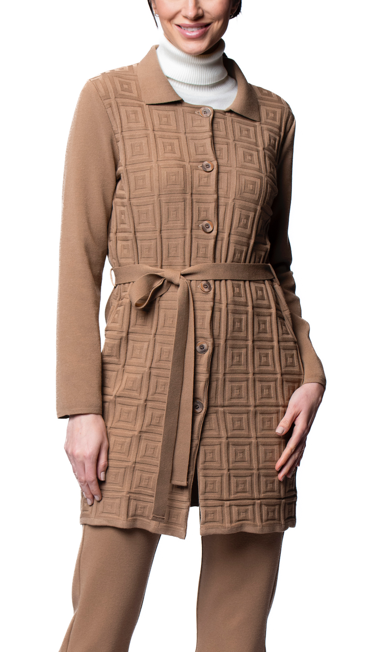 Biana Sydney Square-Patern Knit Car Coat in Mocha available at Barbara Katz