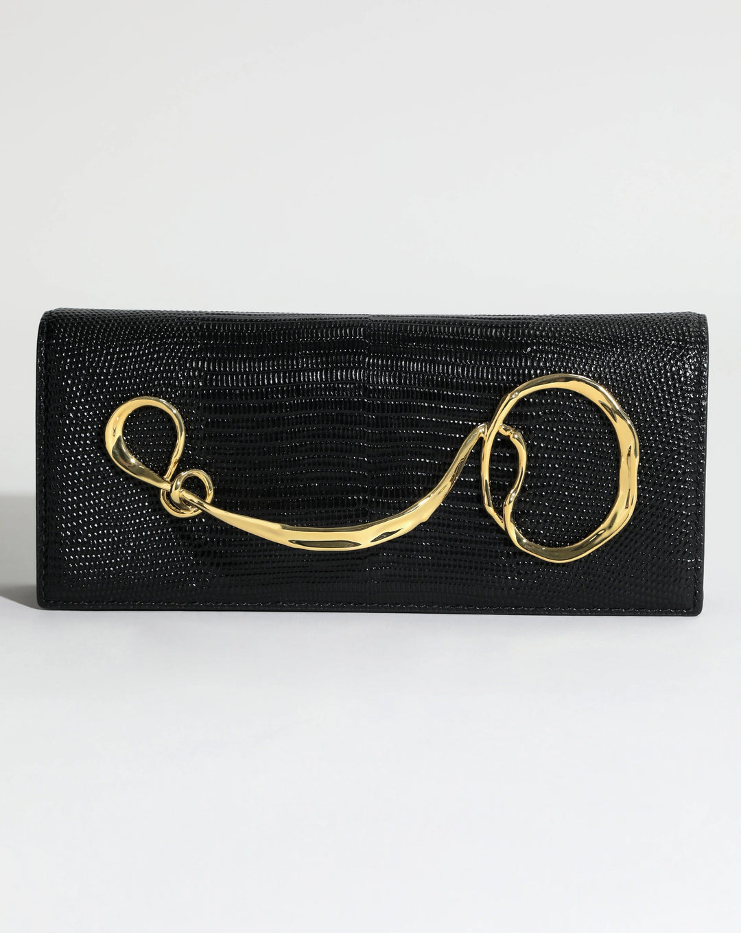 Alexis Bittar Twisted Gold Side Handle Clutch Leather Bag in Black available at Barbara Katz