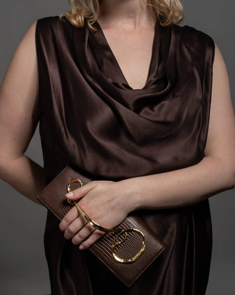 Alexis Bittar Twisted Gold Side Handle Leather Clutch Purse in Chocolate available at Barbara Katz