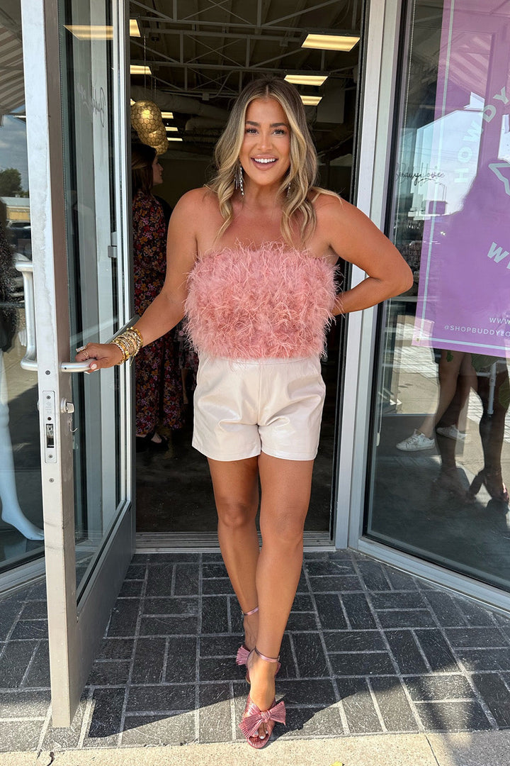 Fancy Strapless Feather Crop Top - Rose Gold