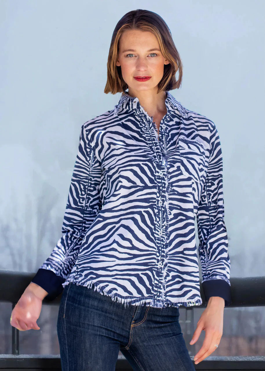 Dizzy-Lizzie Cape Cod Frayed Shirt - Navy Zebra Stripe available at Barbara Katz