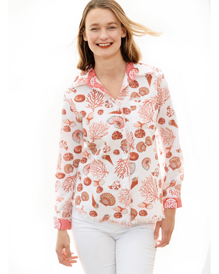 Dizzy-Lizzie Cape Cod Frayed Shirt - Pink Sealife available at Barbara Katz