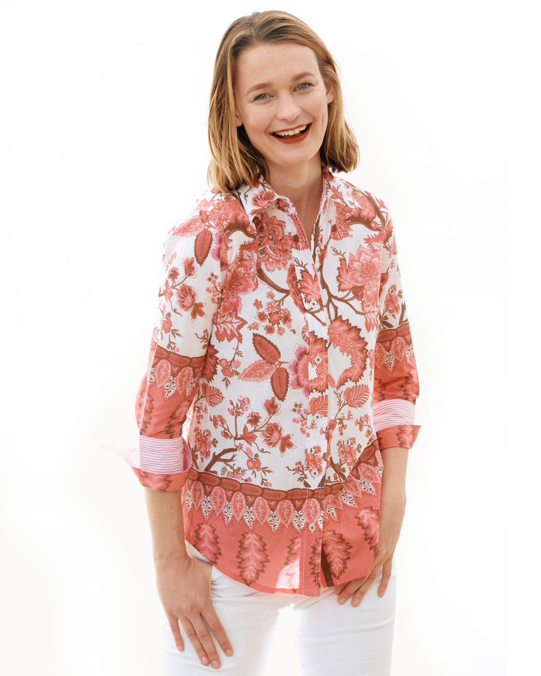 Dizzy-Lizzie Rome 3/4 Sleeve Shirt - Pink Border Print available at Barbara Katz