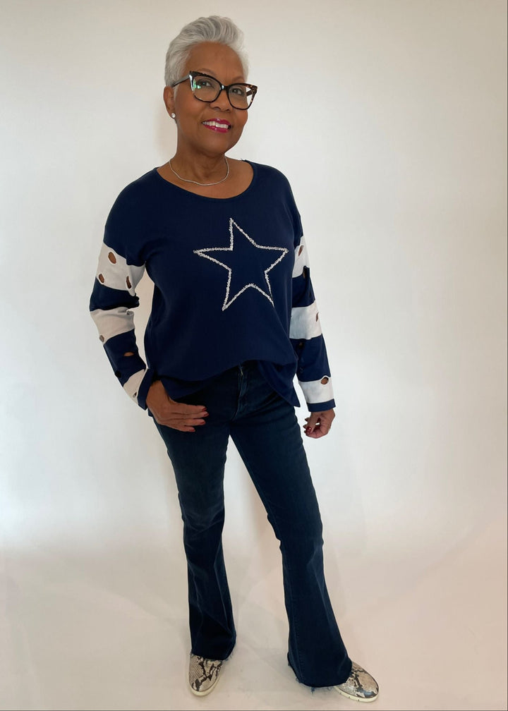 BK Eva Star Top in Navy/White paired with Mother The Weekender Fray Jeans  in Chip On My Shoulder  available at Barbara Katz