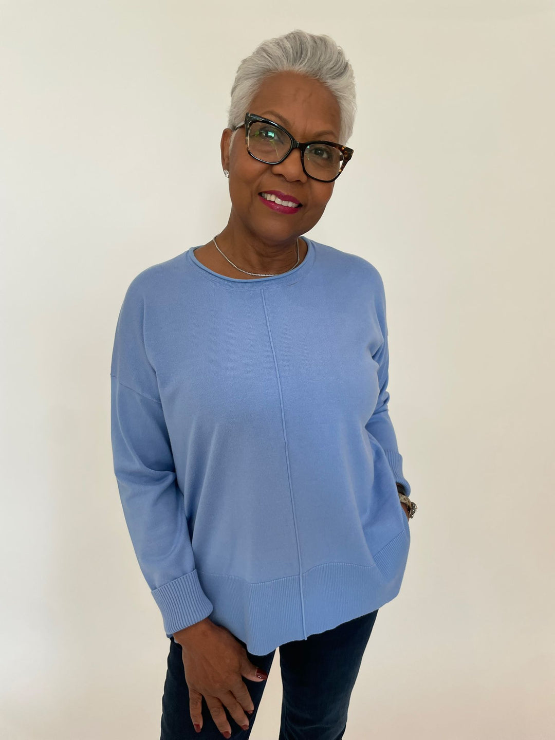 BK Shaina Center Seam Sweater in Light Denim available at Barbara Katz