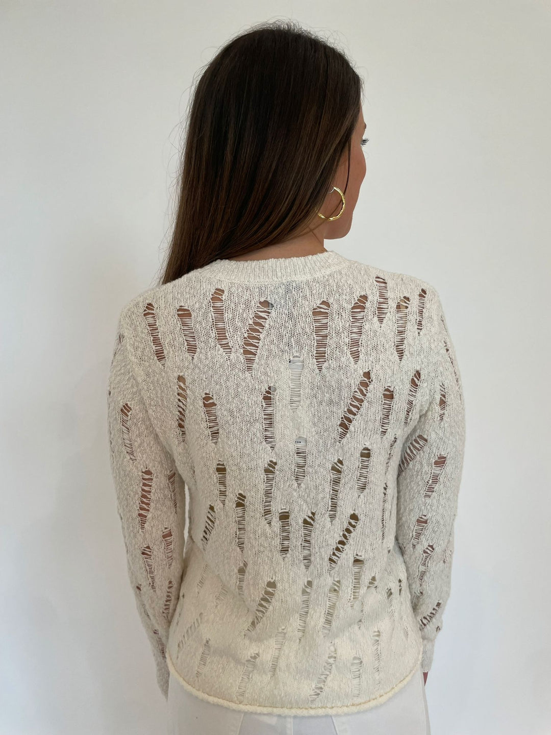 Autumn Cashmere Lucy Distressed Ladder Stitch Crew Sweater in Starch available at Barbara Katz