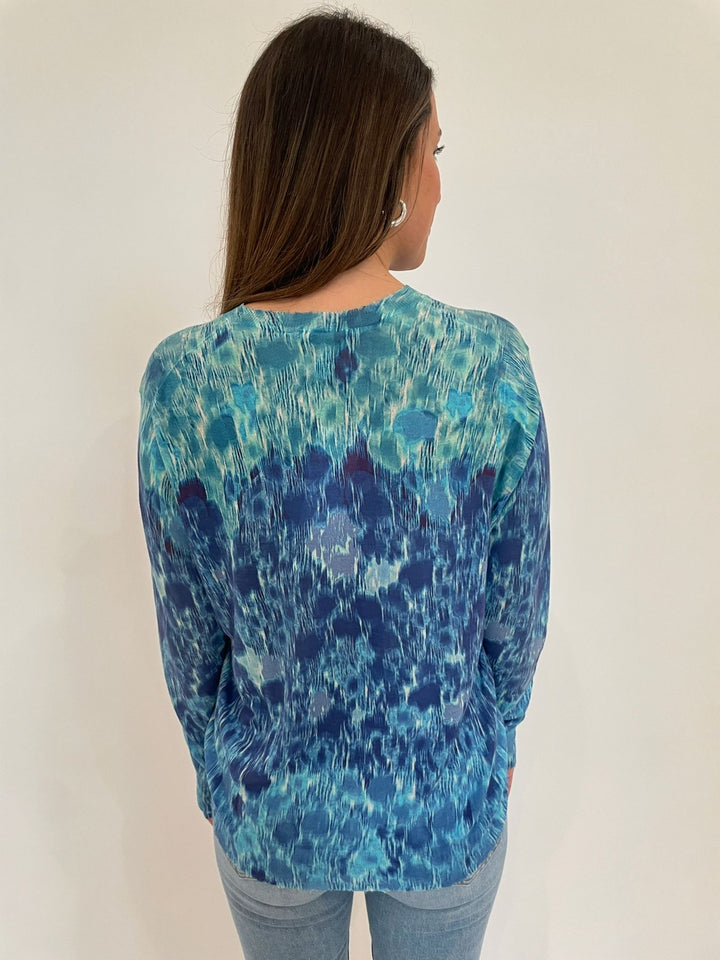 Autumn Cashmere Grace Gradient Botanic Print Distressed Crew Sweater in Blue Combo available at Barbara Katz