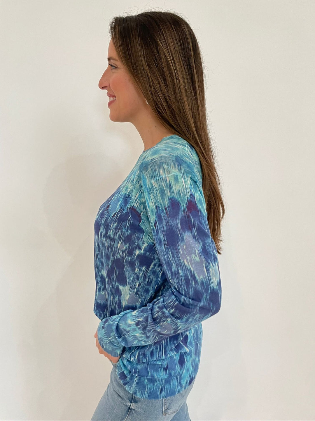 Autumn Cashmere Grace Gradient Botanic Print Distressed Long Sleeve Sweater in Blue Combo available at Barbara Katz