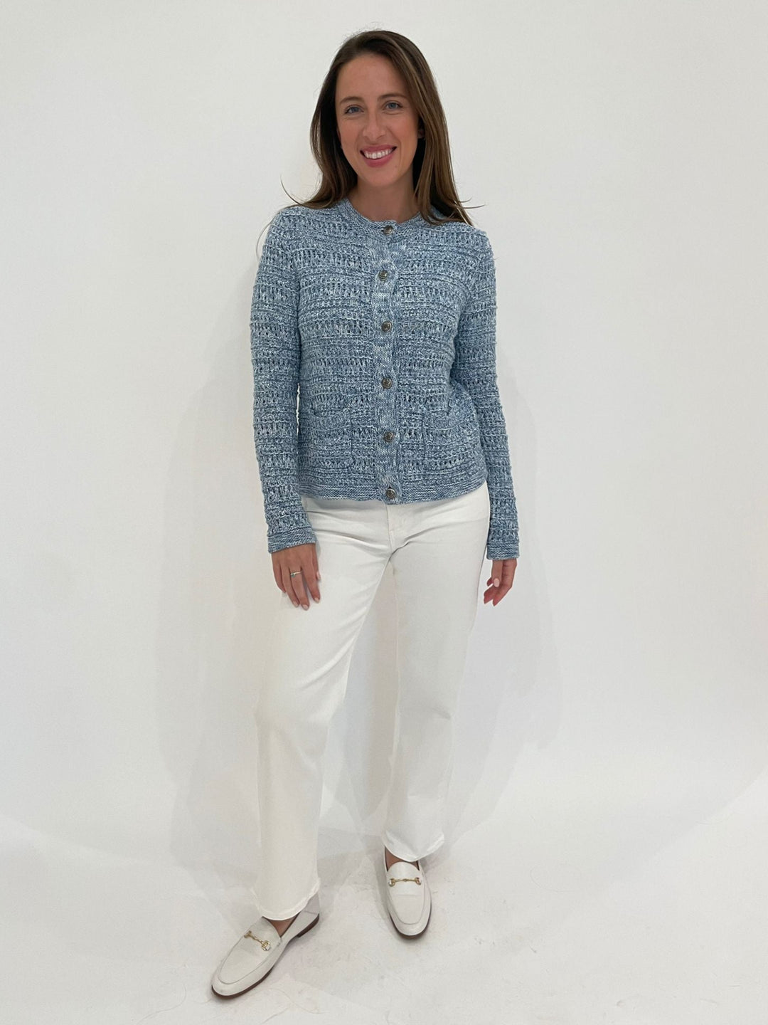 Autumn Cashmere Joan Texture Stitch Jacket in Blue Combo paired with Citizens of Humanity Palma Straight Jeans in Soft White available at Barbara Katz