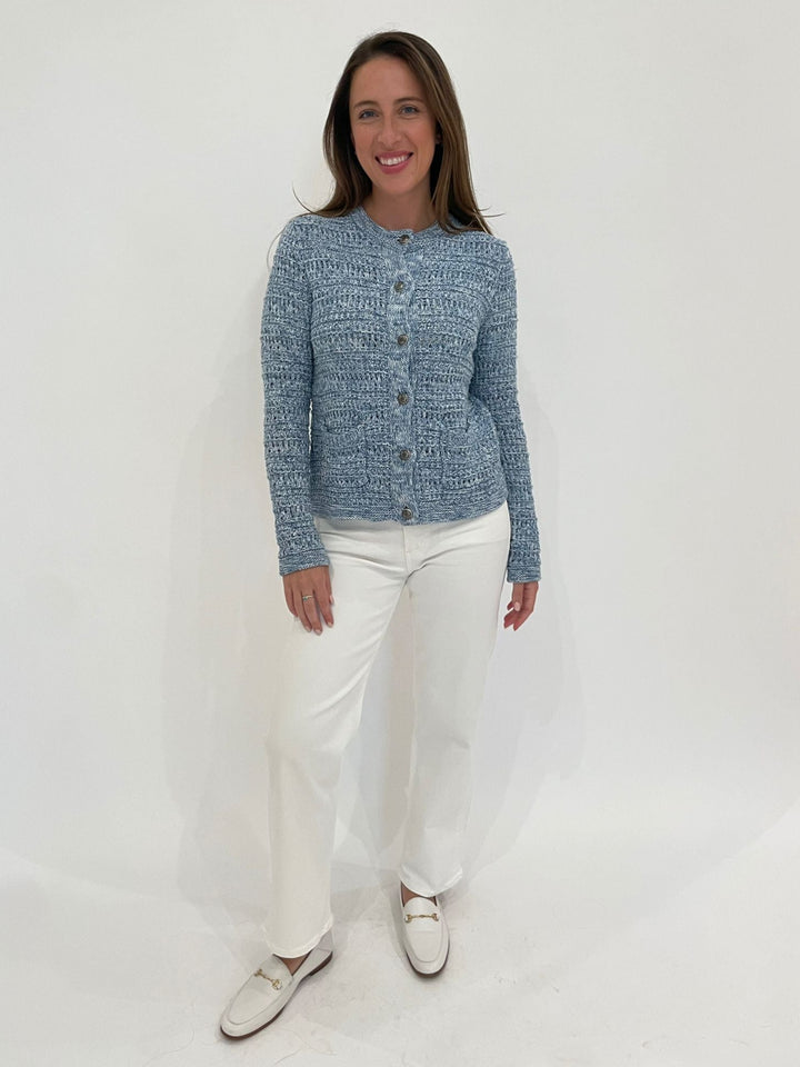 Autumn Cashmere Joan Texture Stitch Jacket in Blue Combo paired with Citizens of Humanity Palma Straight Jeans in Soft White available at Barbara Katz