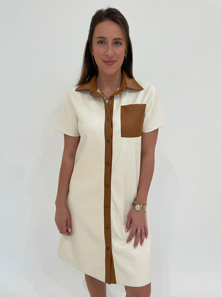 BK Katy Two-Tone Perforated Dress in Cream/Brown with Mignonne Gavigan Soho Charm Necklace and Bracelet available at Barbara Katz