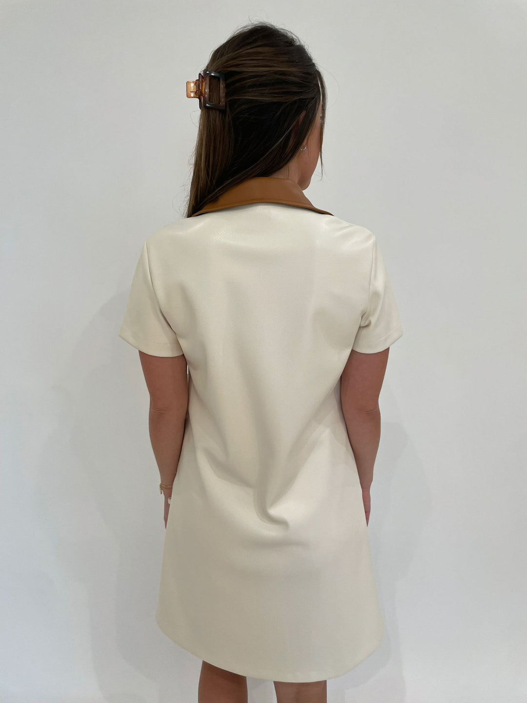 BK Katy Two-Tone Perforated Short Sleeve Dress in Cream/Brown available at Barbara Katz