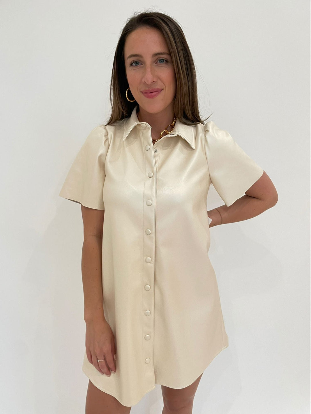 BK Sofi Short Sleeve Swing Dress in Pearl with Lizzie Fortunato Porto Chain Necklace in Gold available at Barbara Katz