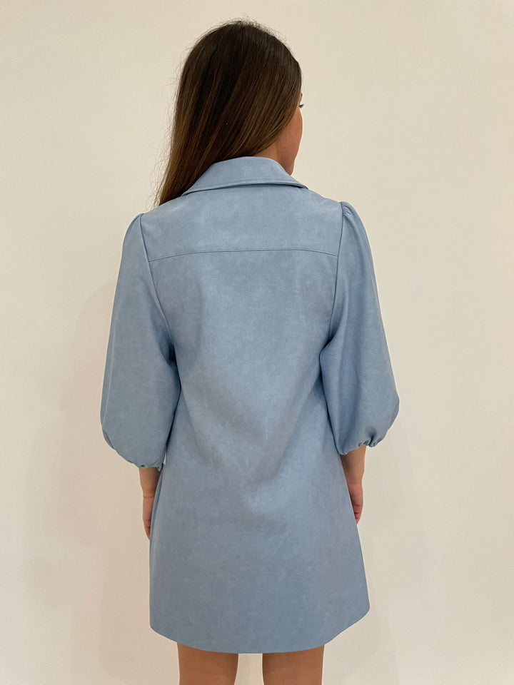 BK Zori Perforated Faux Leather Shirt Dress in Blue available at Barbara Katz