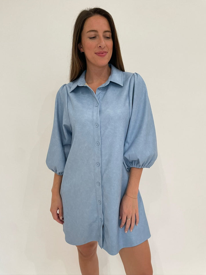 BK Zori Perforated Faux Leather Mini Shirt Dress in Blue available at Barbara Katz