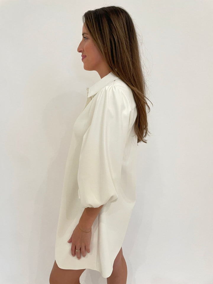 BK Zori Perforated 3/4 Sleeve Button-Down Dress in White available at Barbara Katz