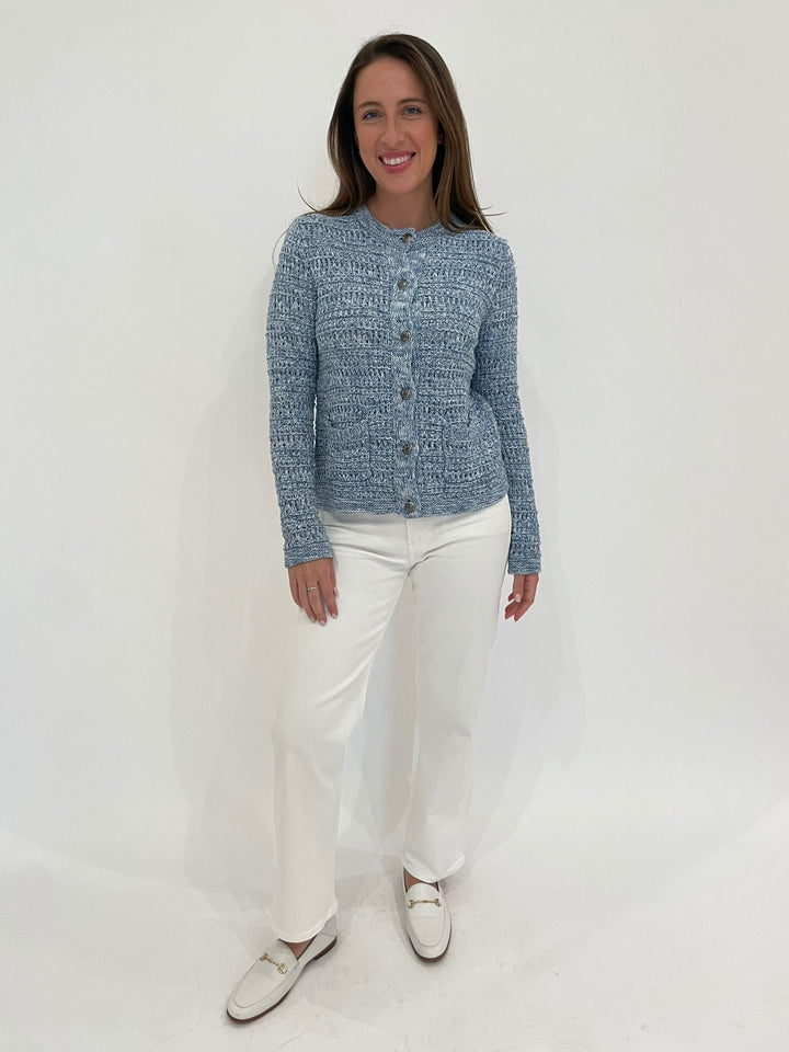 Autumn Cashmere Joan Texture Stitch Jacket in Blue Combo paired with Citizens of Humanity Palma Straight Jeans in Soft White available at Barbara Katz