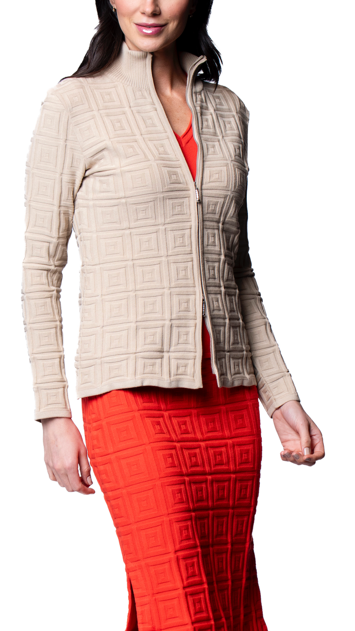 Biana Zoe Square-Detail Knit Jacket in Warm Beige available at Barbara Katz