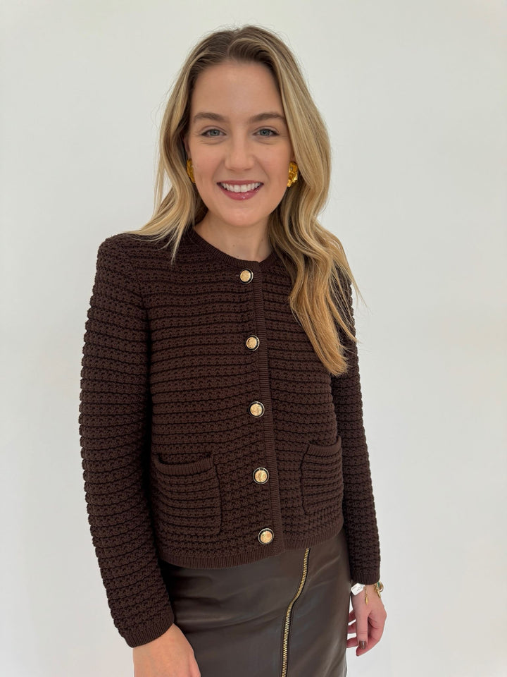 Ba&sh Gaspard Knit Cardigan in Chocolat paired with Mala Leather Mini Skirt in Marron available at Barbara Katz