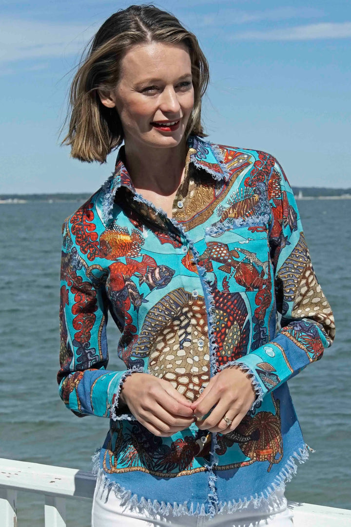 Dizzy-Lizzie Cape Cod Frayed Shirt - Aquarium available at Barbara Katz