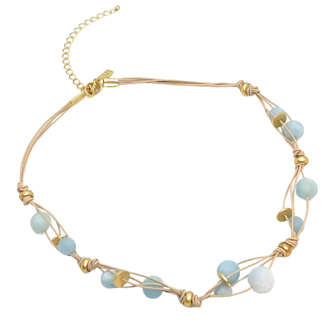 Deborah Grivas Matte Aquamarine and Gold Disk Necklace Woven On Putty Leather