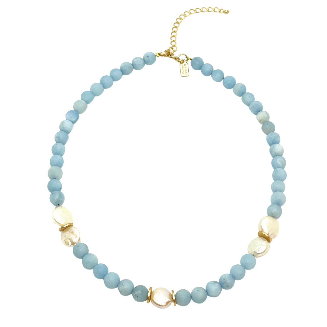 Deborah Grivas Matte Aquamarine and Freshwater Coin Pearl Necklace